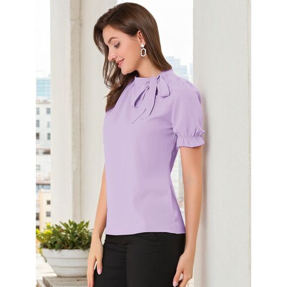 Bow Tie Neck Tops Workwear Short Sleeve Blouse Purple - Picture 4 of 6